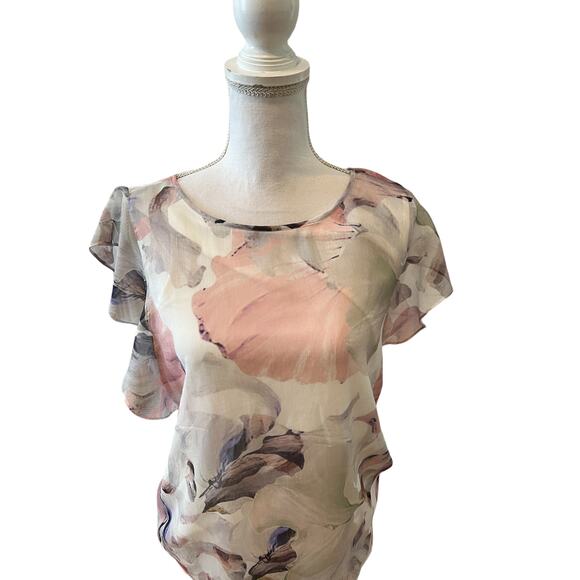 Vince Camuto Floral Short Flutter Sleeve Top S - Picture 2 of 6